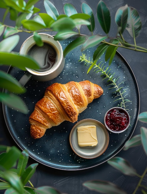 Photo croissant with butter and jams on a plate