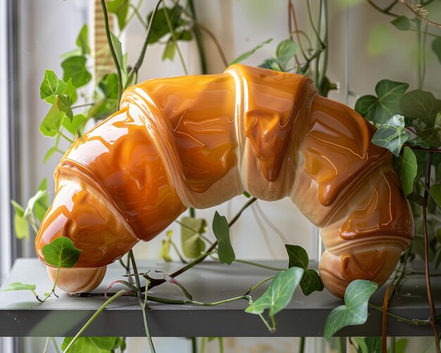 Croissant with caramel sauce and green leaves on the windowsill