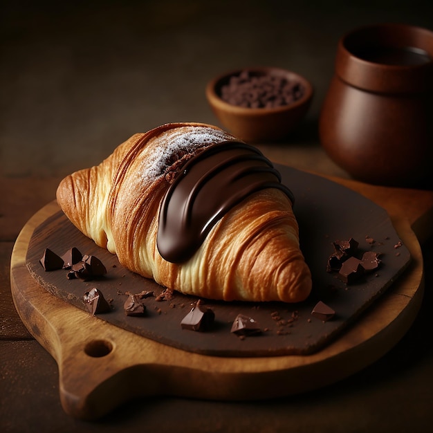 A croissant with chocolate on it and a cup of coffee on the table.