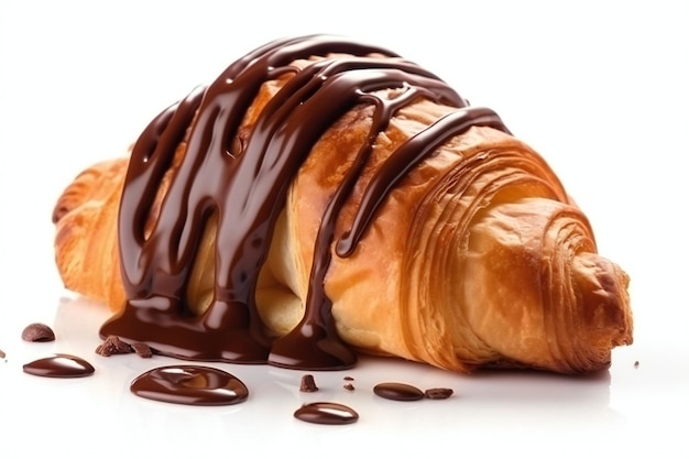 A croissant with chocolate sauce and drizzled on top.