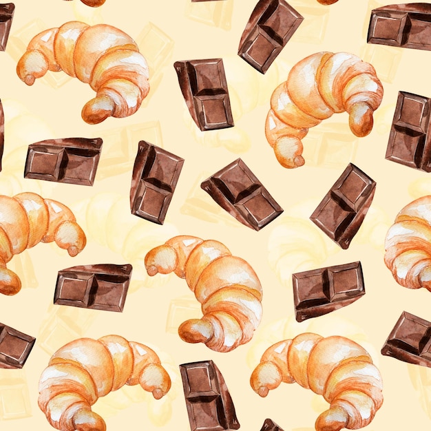 Croissant with chocolate watercolor seamless pattern