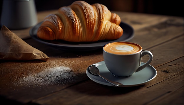 Croissant with coffee cup on dark background Al generated