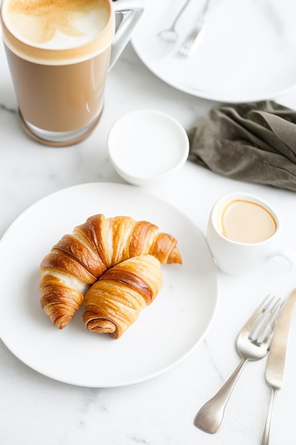 A croissant with a cup of coffee and a glass of coffee on a table.