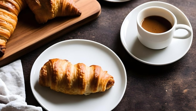 A croissant with a cup of coffee on a table