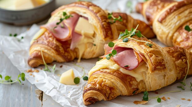 Croissant with ham and brie cheese on white parchment