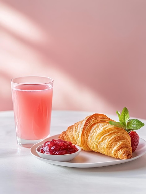 A croissant with jam and a pink drink elegantly presented on a table