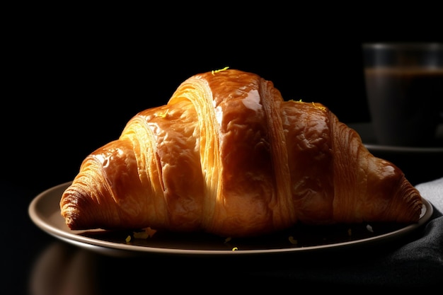 A croissant with orange glaze sits on a black table.