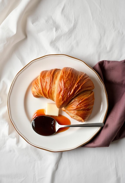 a croissant with a spoon and sauce on a plate