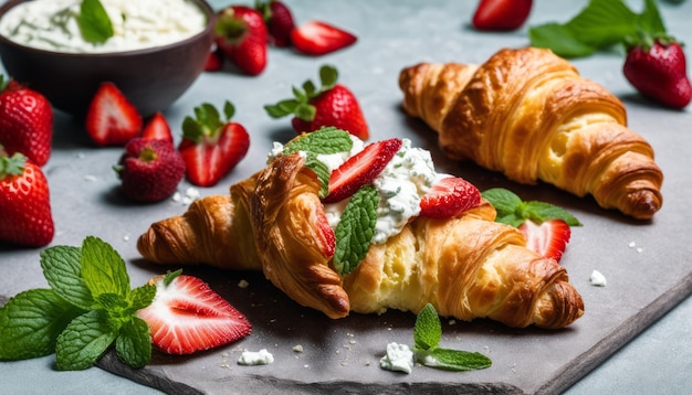 A croissant with strawberries and cream on top