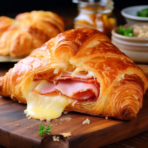 Croissant on a wooden table Toasted croissant with cheese and tomato