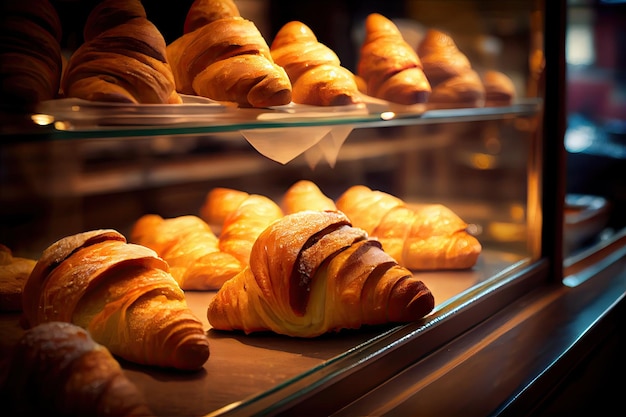 Croissants in bakery traditional french breakfast pastry shop