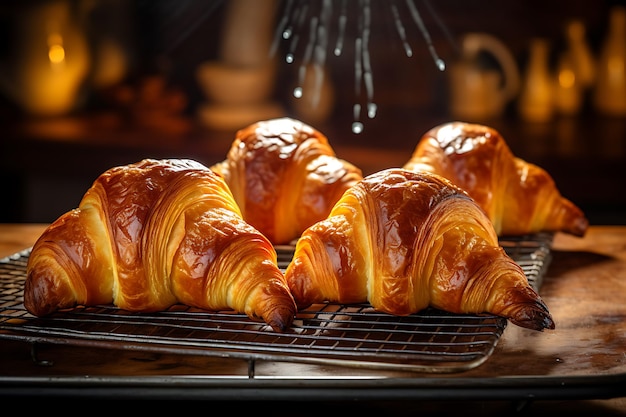 Croissants on a baking rack cool after baking on a wooden table