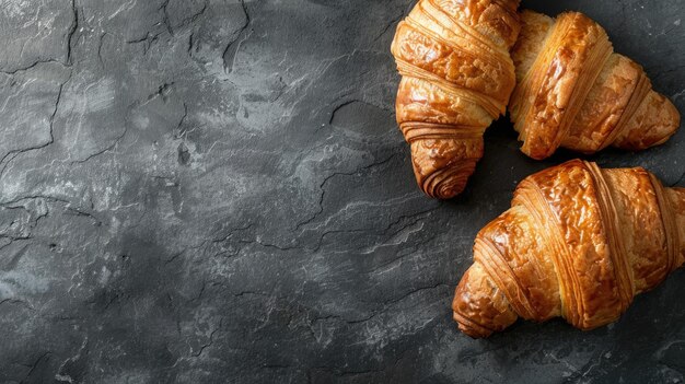 Croissants on a black background Top view Free space for text