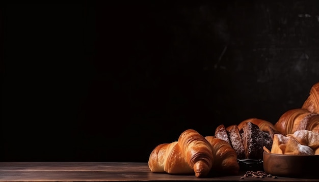 Croissants and bread frame with copy space Generative ai