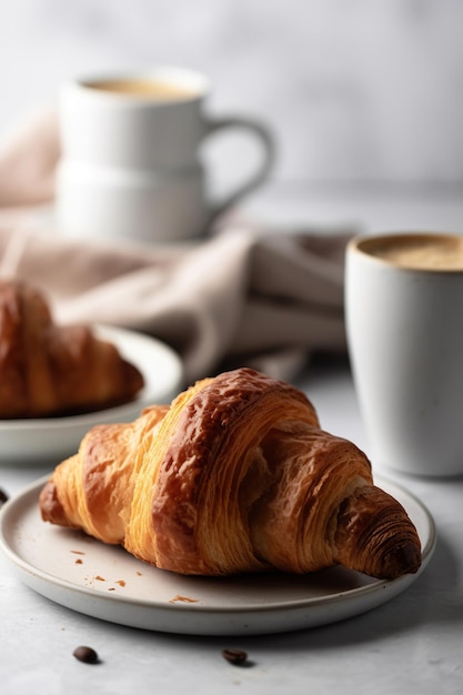 Croissants and coffee in cup on rustic wood generative ai