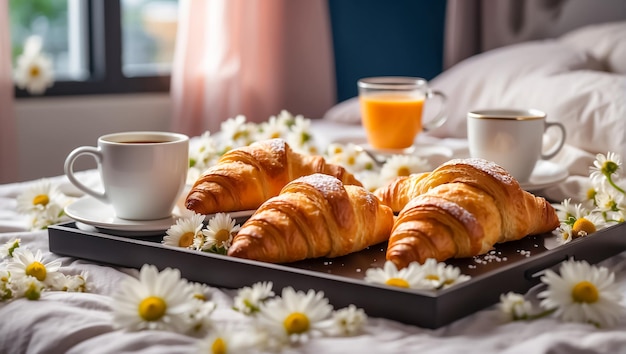 Croissants a cup of coffee flowers on a tray in the bedroom