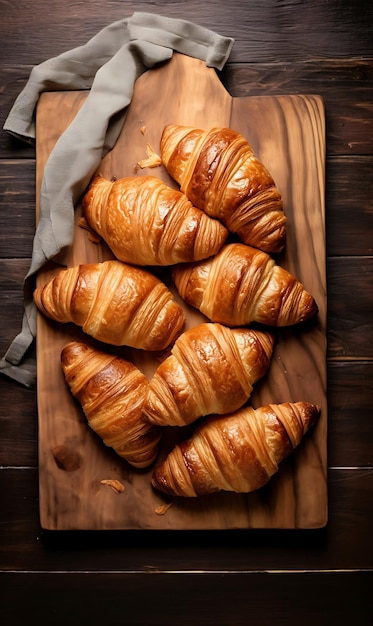 Croissants on a cutting board on a wooden background top view