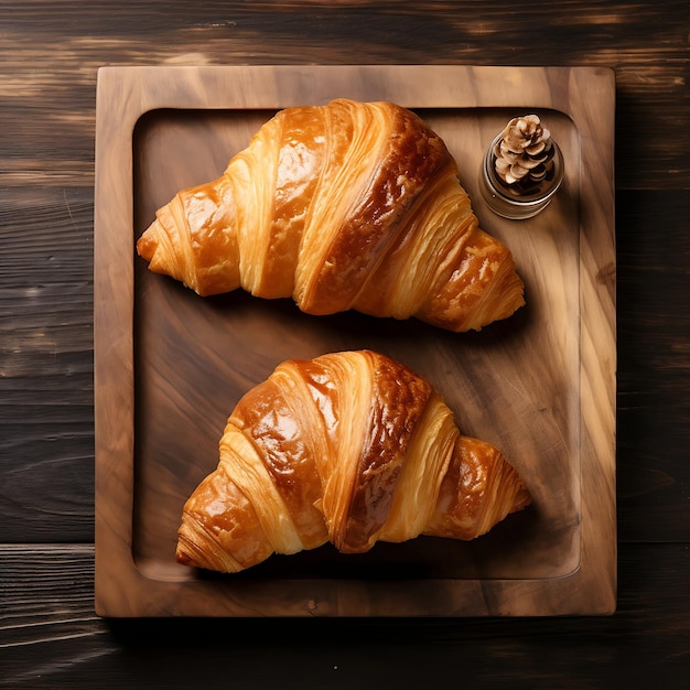 Croissants on a cutting board on a wooden background top view