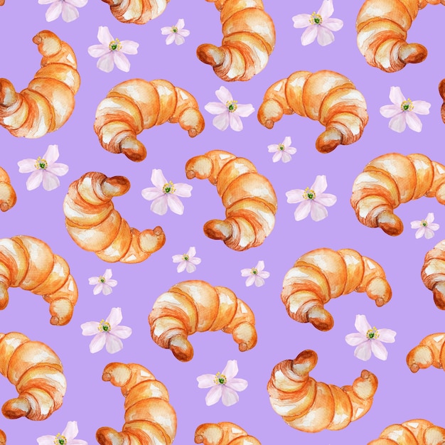 Croissants pastries and flowers on purple bread watercolor seamless pattern