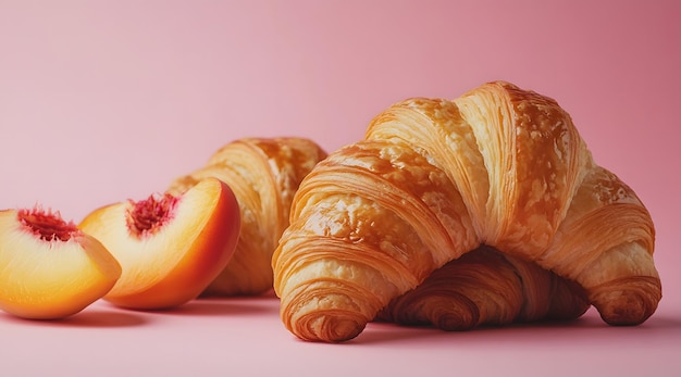 Croissants and Peach Slices on Pink Background