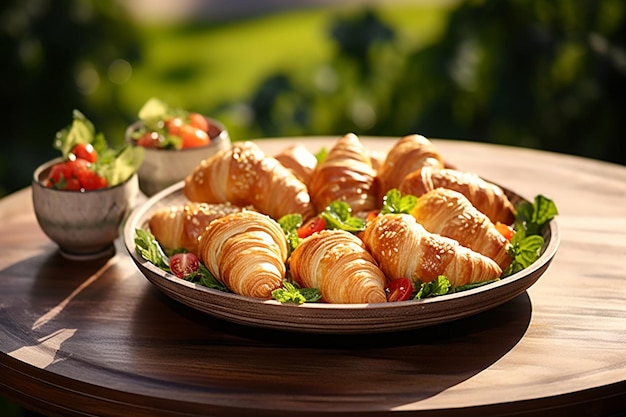 Croissants on a Platter with Miniature Bowls of Greek Salad