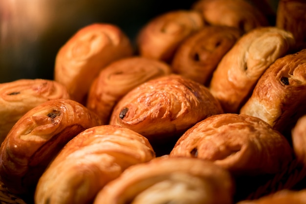 Croissants in the showcase at the bakery.