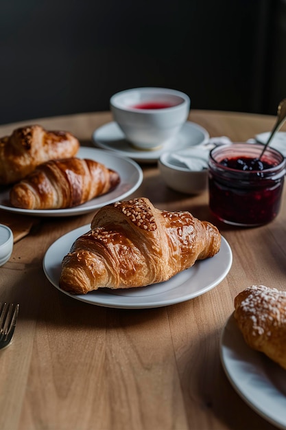 Croissants on table with jam continental breakfast