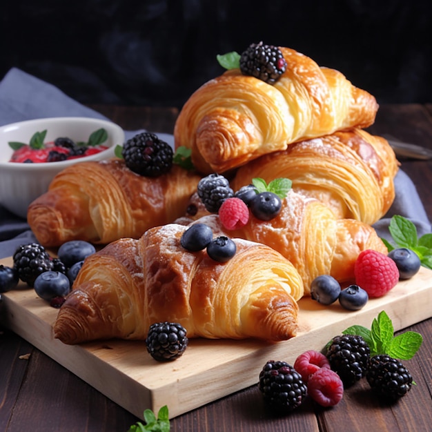 croissants with berries on a wooden table breakfast