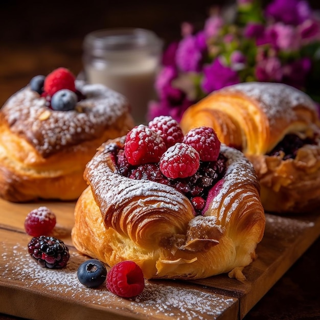 croissants with berries on a wooden table breakfast