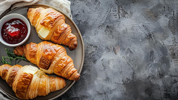 Croissants with Butter and Jam on Plate