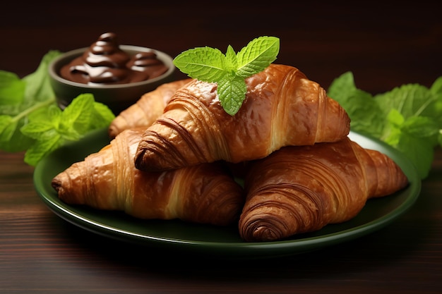 Croissants with chocolate on a green background