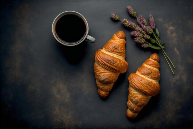 Croissants with coffee Top view