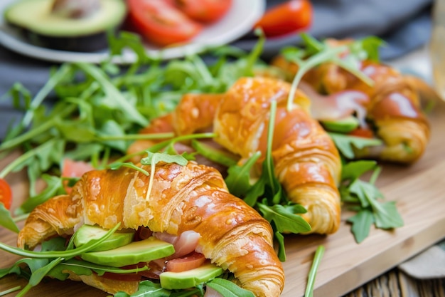 Croissants with salmon fish avocado cream cheese arugula and tomatoes on a wooden board