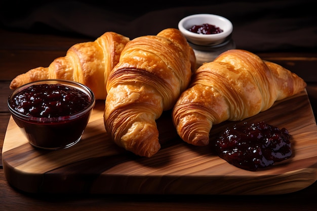 Croissants on a wooden board with jams and croissants