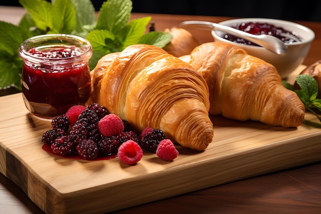 Croissants on a wooden board with jams and croissants