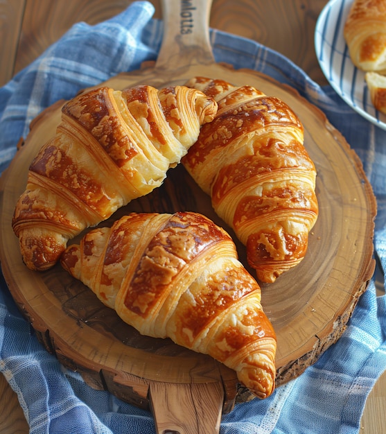 Croissants on a wooden plate selective focus top view