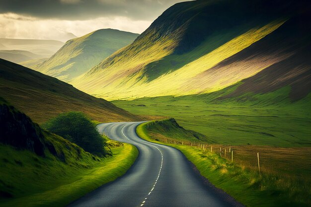 Crooked empty road beyond horizont surrounded by green fells