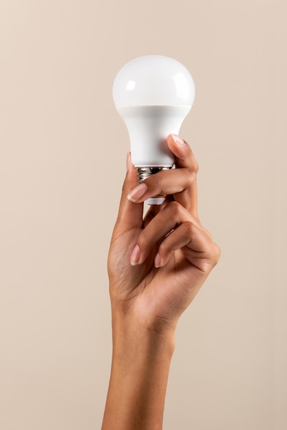 Crop African American woman showing light bulb