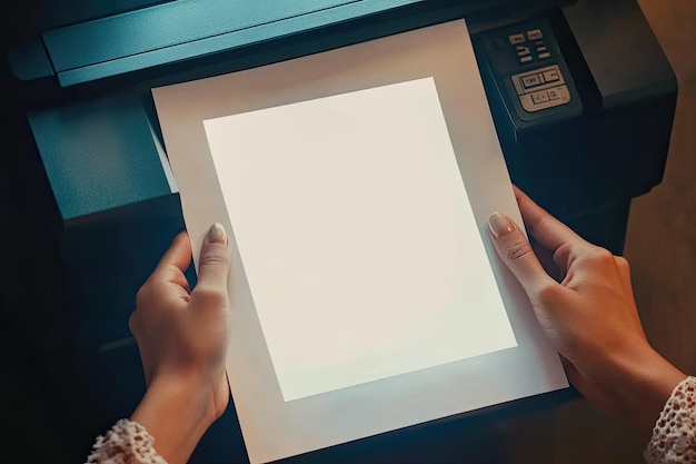 Photo crop hands putting paper in printer