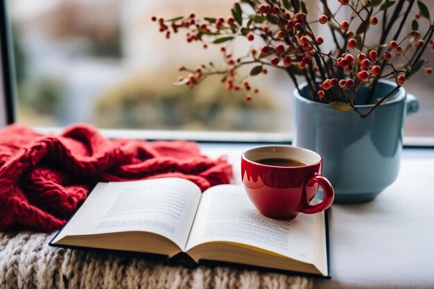 Crop hands with book near breakfast food and twigs