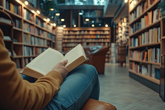 Crop person reading in bookstore