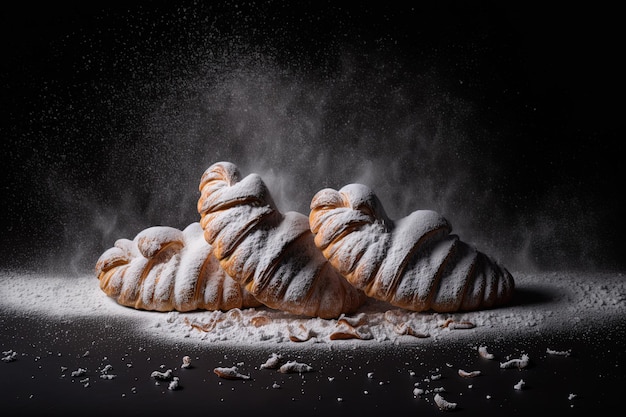 Crop shot of croissants covered in powdered sugar on a dark table