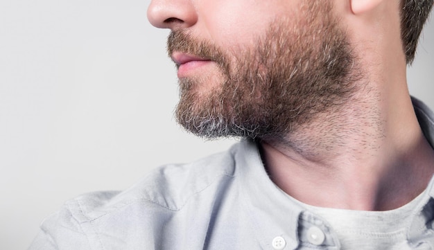 Cropped closeup of bearded man with beard wearing casual shirt bearded man with beard