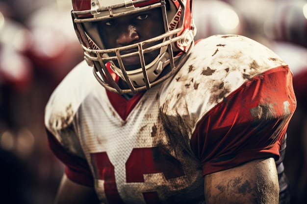 Cropped closeup portrait of muscular American football player holding the ball A determined athlete in soiled uniform helmet and gloves fighting for victory in the stadium field sparing no effort