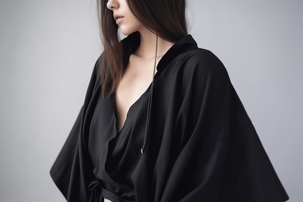 Cropped front side unrecognizable female wearing oversize loose black dress coat Studio shoot