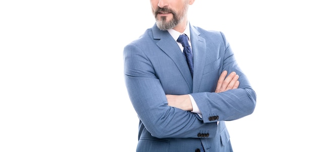 Cropped grizzled business man in suit crossed hands isolated on white copy space confidence