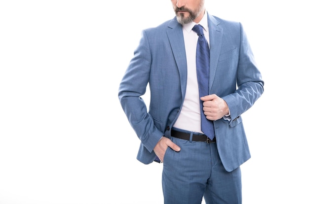 Cropped grizzled ceo in businesslike suit isolated on white copy space formal fashion