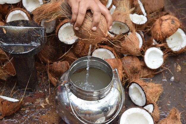 Photo cropped hand of man pouring coconut water in container