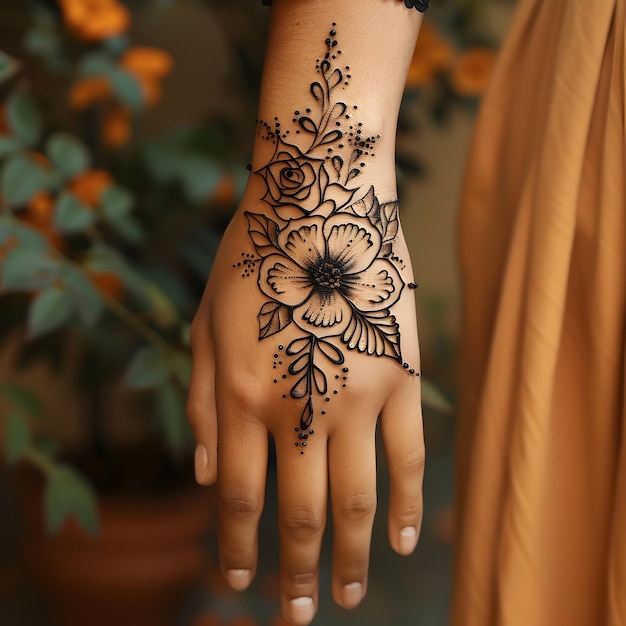 Photo cropped hand with henna tattoo the beauty of mehndi design