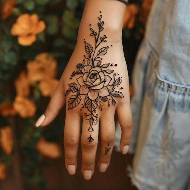 Photo cropped hand with henna tattoo the beauty of mehndi design